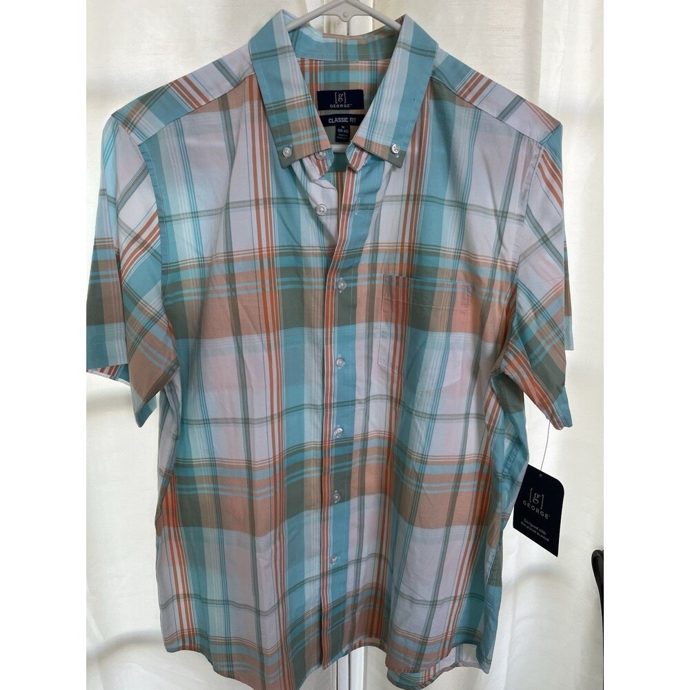 George Mens Classic Fit Short Sleeve Button-Up Shirt Medium Multicolor Plaid